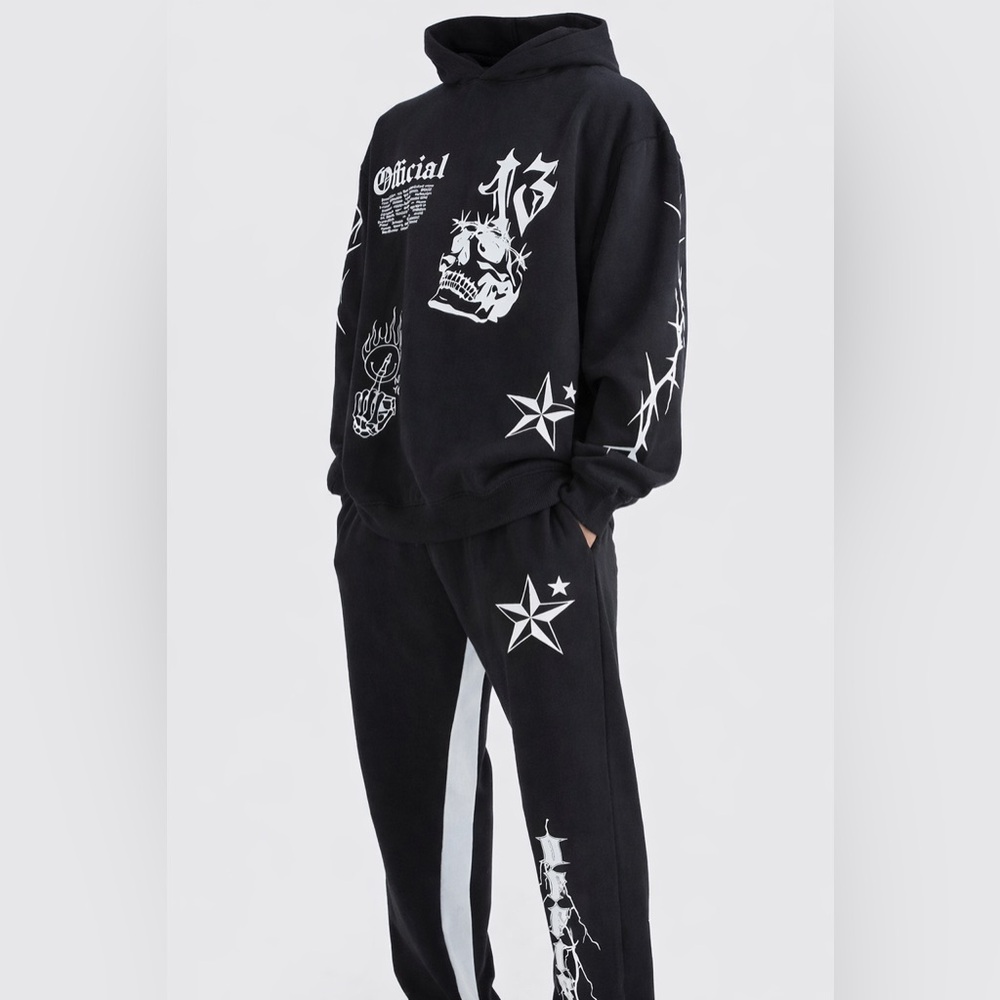 MAN by‎ Boohoo Graffiti Gusset Oversized Track Pants Black M